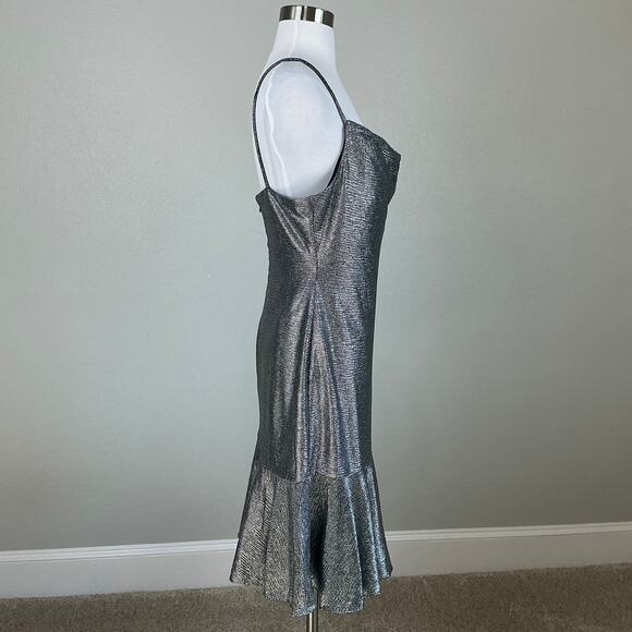 Silver Metallic Sleeveless Midi Sheath Cocktail Dress Size 10 Nightway Cowl Neck - Picture 3 of 13